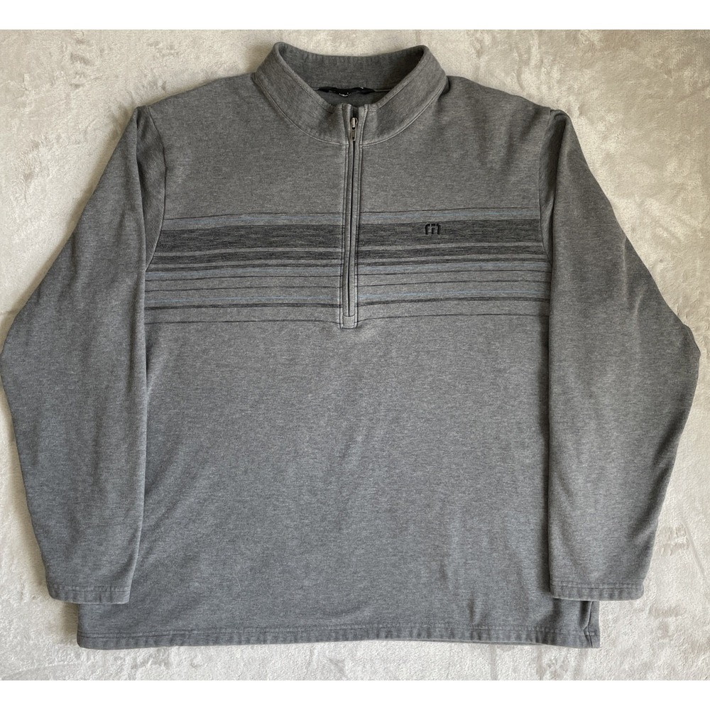 Travis Mathew Mens XXL Golf 1/4 Zip Pullover Soft Fleece Grey Blue Stripe‎